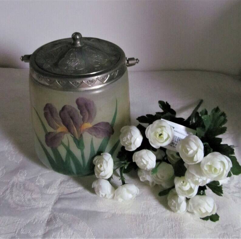 Art Nouveau Opal Glass Biscuit Jar: Hand-Painted Iris, French Candy Jar