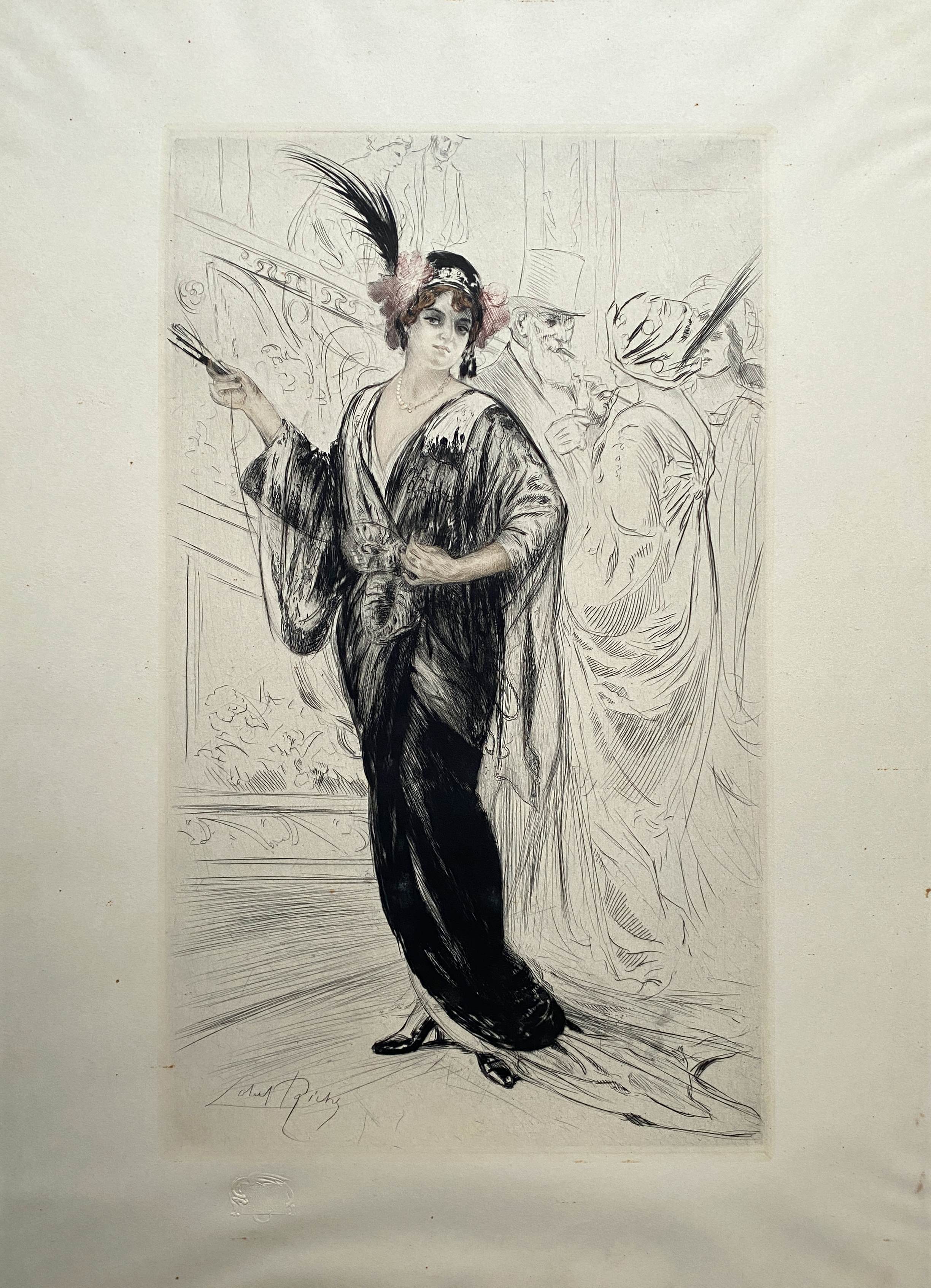 Table Color engraving "L'élégante" by Alméry LOBEL-RICHE (1880-1950)