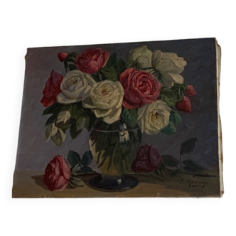 Painting the bouquet of roses, oil on canvas, signed Paul Marengo, art deco