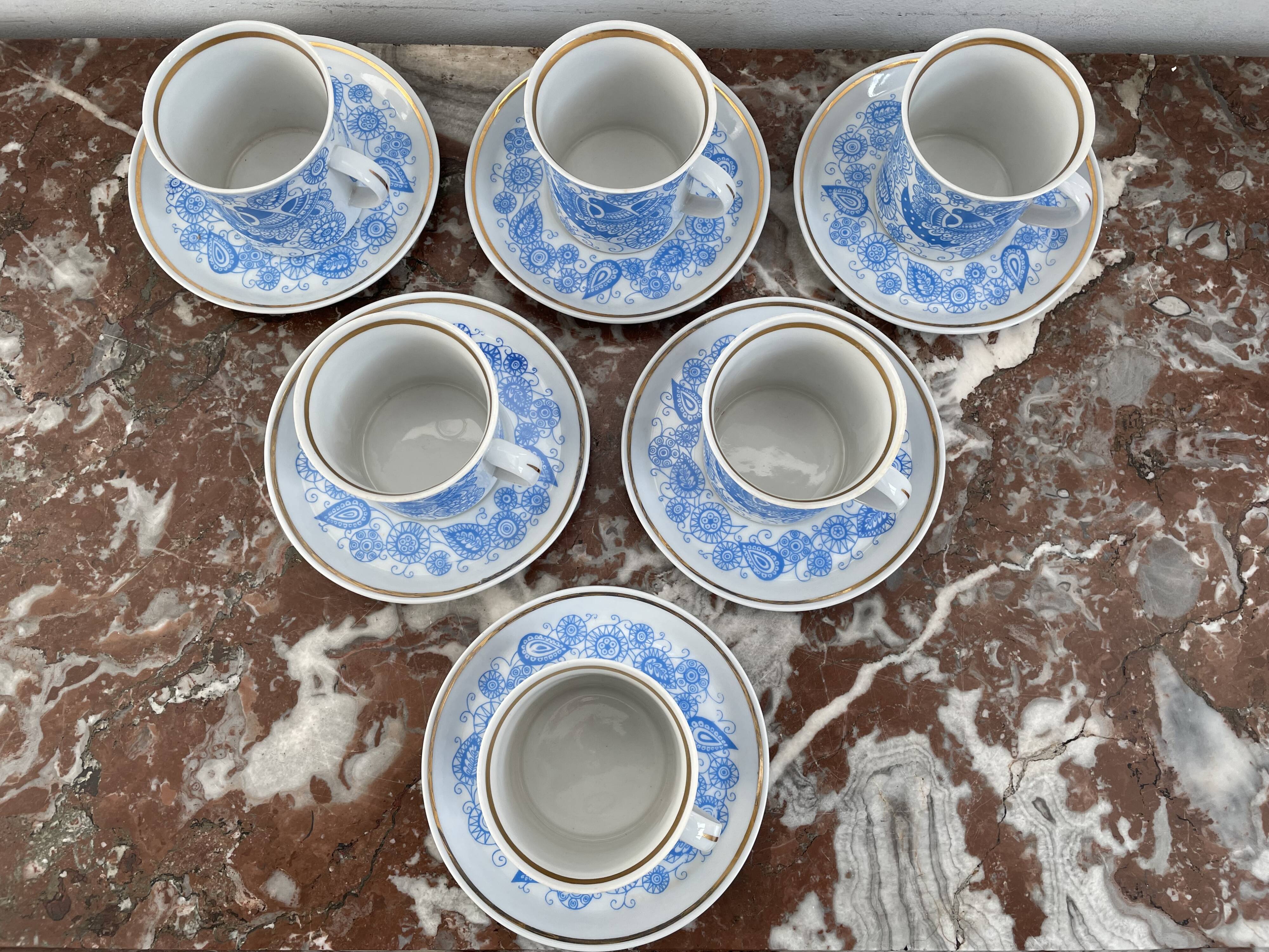 Coffee and tea set, vintage, stylized bird decor, retro, design, blue