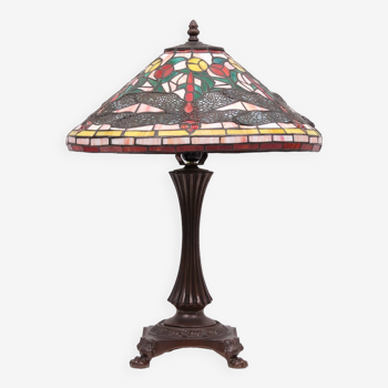 Tiffany style stained Glass Dragonfly Table lamp 1980s