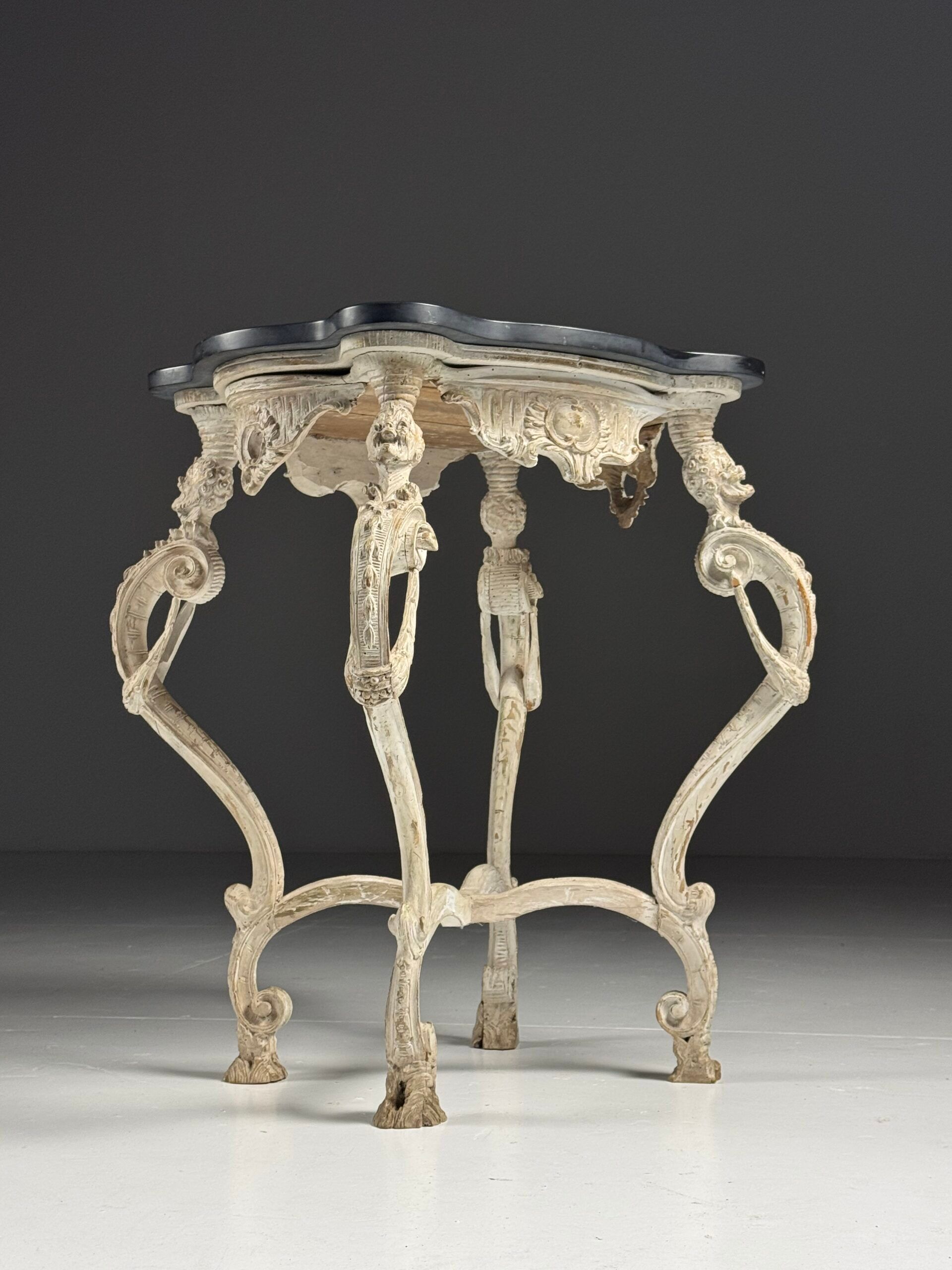 French side table hand-carved wood with marble top