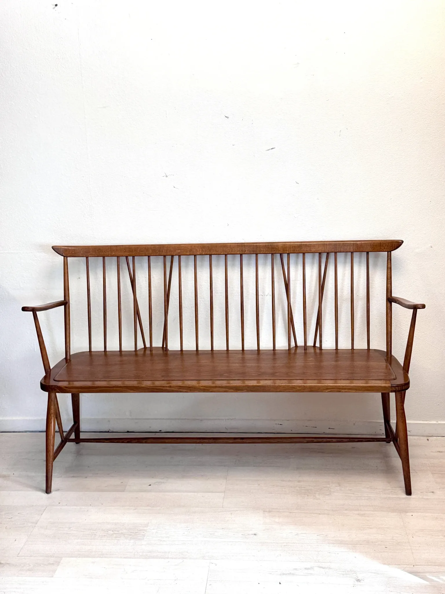 Vintage mid-century slatted bench from the 1960s.