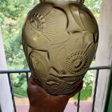 Art deco vase in pressed molded smoked glass signed Pierre d'Avesn