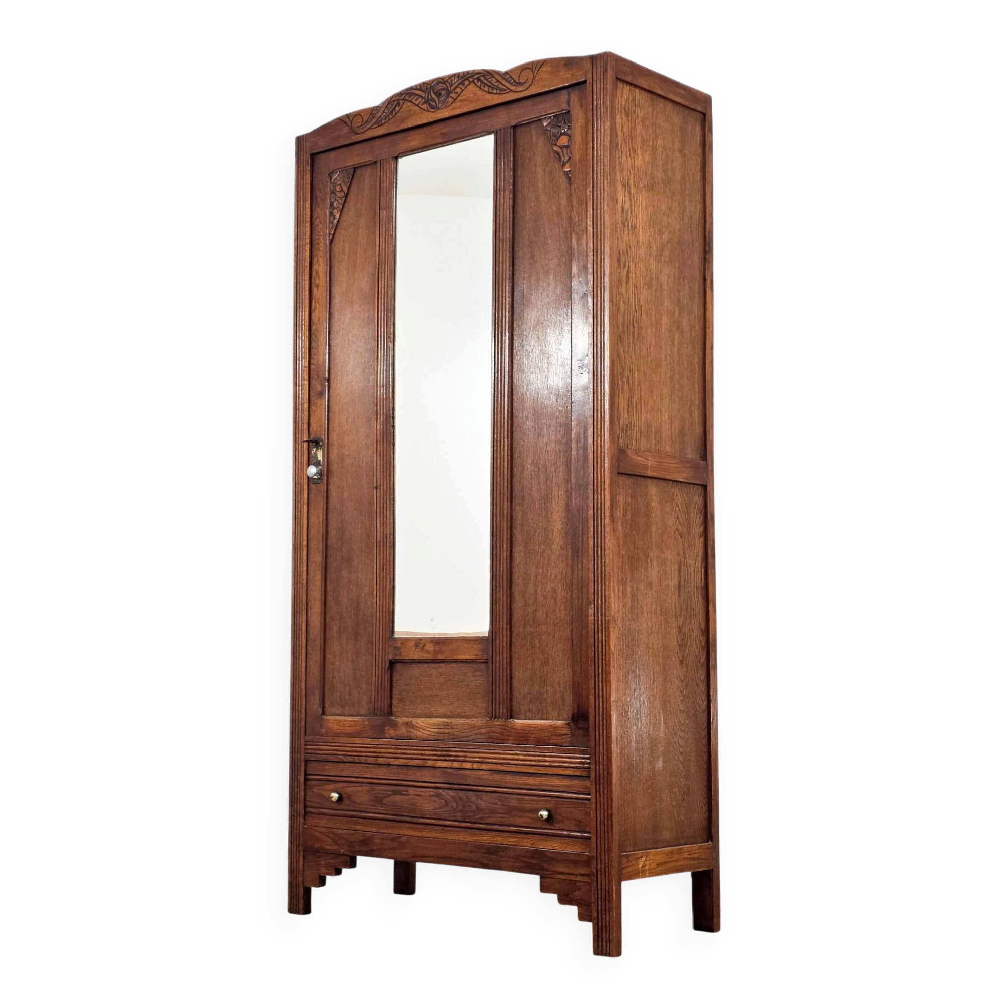Art Deco wardrobe in solid wood with mirror from the 1920s.