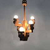 Vintage wooden chandelier with 6 lights. Antique lighting fixture. 1970s