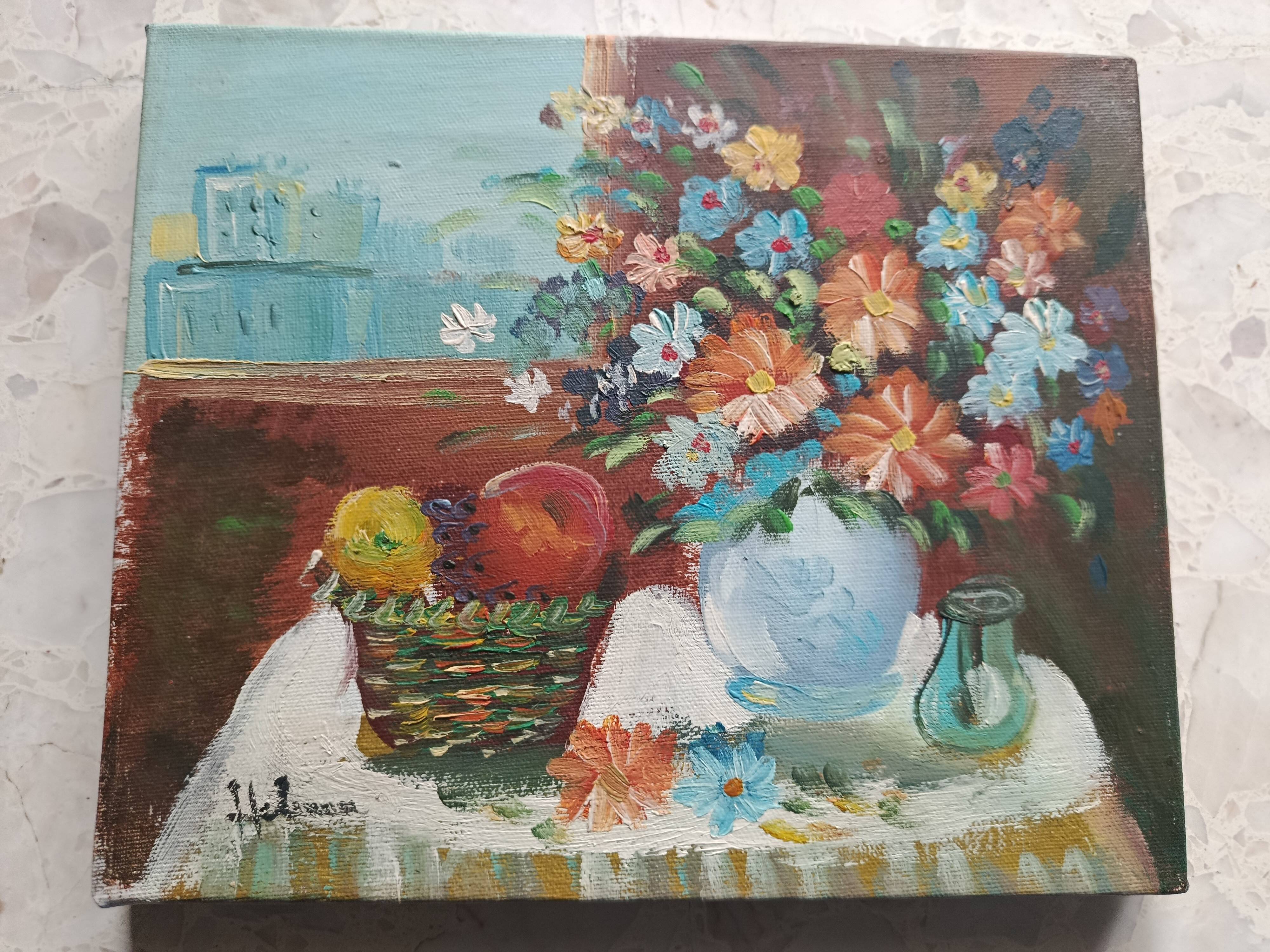 Hst still life signed helman xx: bouquet of flowers, vase, fruit, basket, window