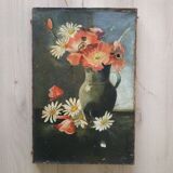 Peinture ancienne "coquelicots et marguerites"