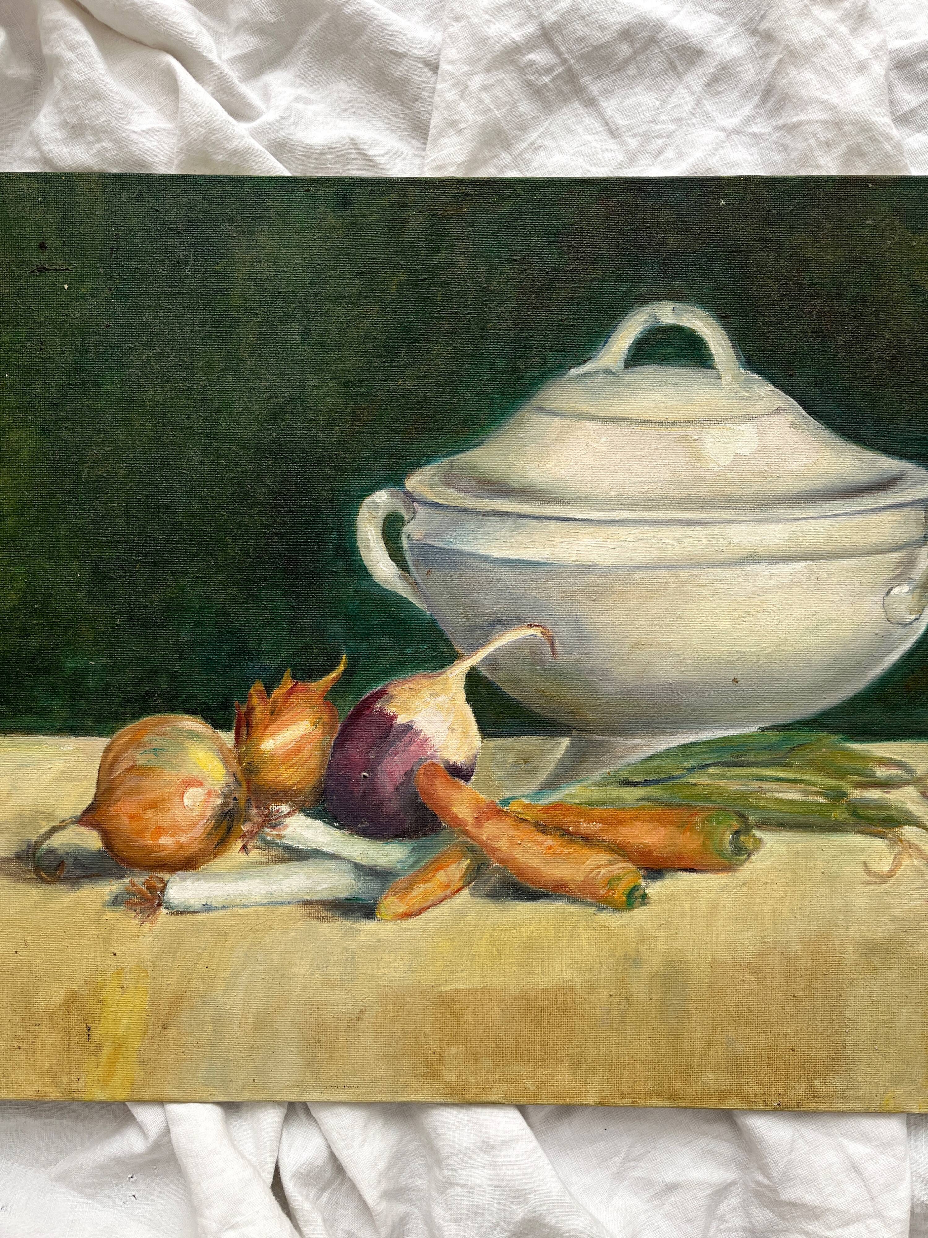 Antique painting on canvas board "La Soupière" signed Anne Marie Beiruet