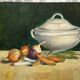 Peinture ancienne sur carton entoilé "La Soupière" signée Anne Marie Beiruet