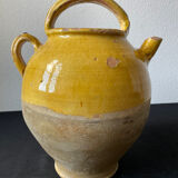 Cruche gargoulette chevrette en terre cuite jaune vernissé XIX eme siècle