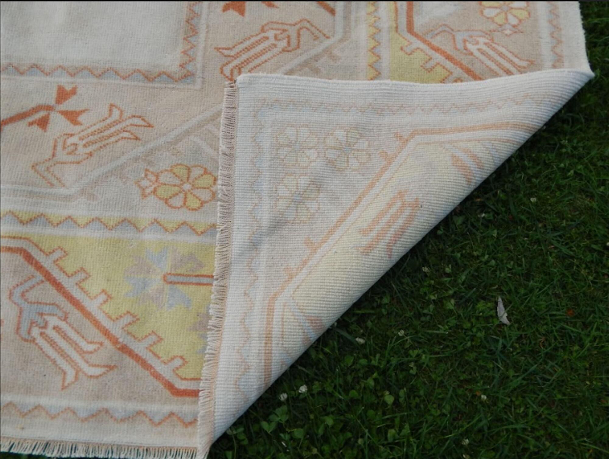 Hand-knotted orange low pile wool oushak rug 6′5″ × 9′5″ (195 x 287 cm)