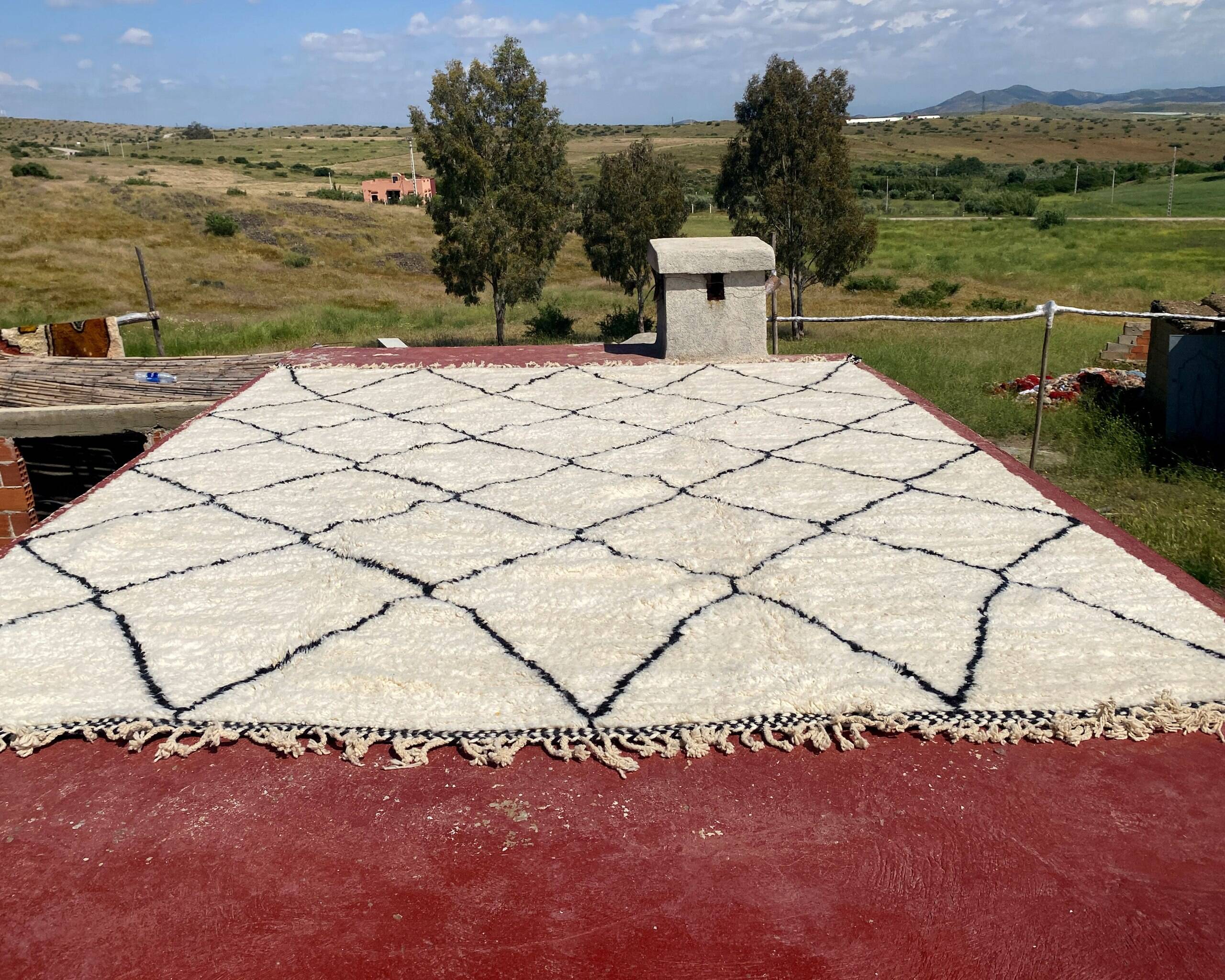 Very large vintage Beni Ouarain rug in cream wool with black diamonds, 426x344cm.