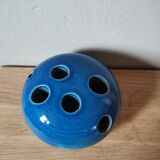 Vintage flower pick enamelled blue artisanal ceramic