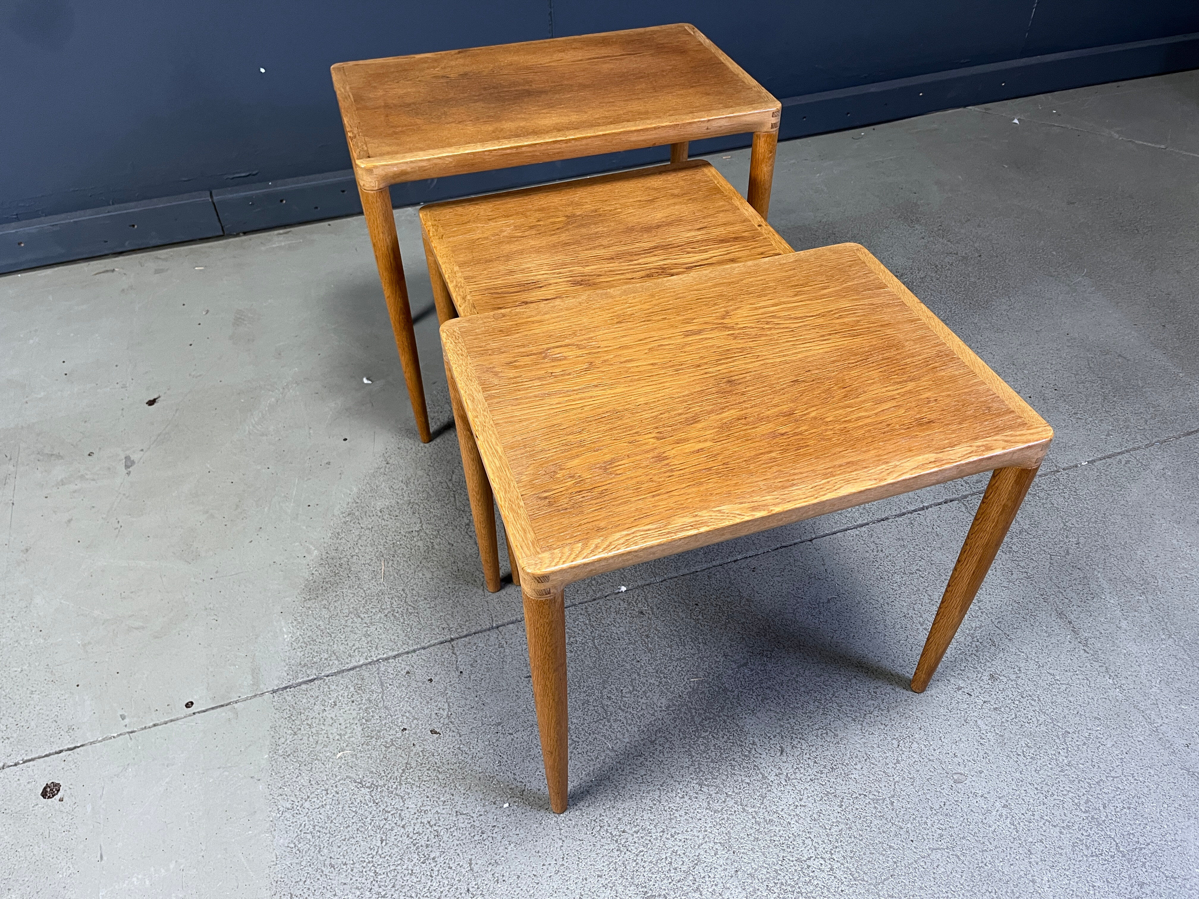 H.W. Klein. Bramin, three set tables/side tables, oak, 1960s, Denmark