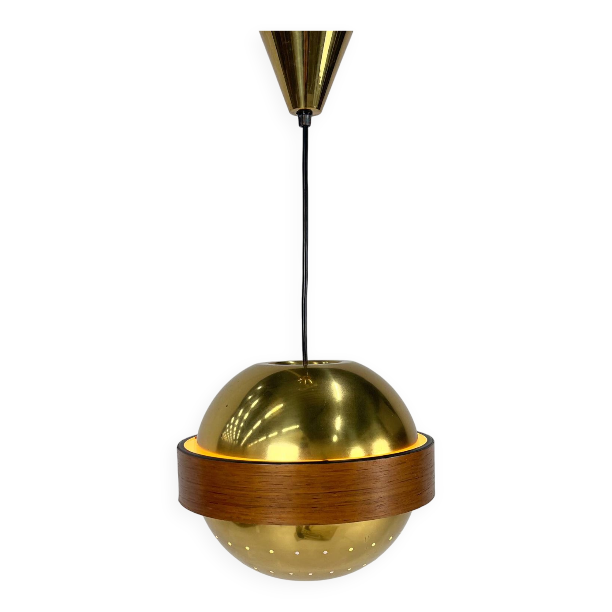 Mid Century Scandinavian Brass and Teak Pendant, 1960s