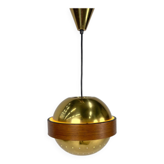 Mid Century Scandinavian Brass and Teak Pendant, 1960s