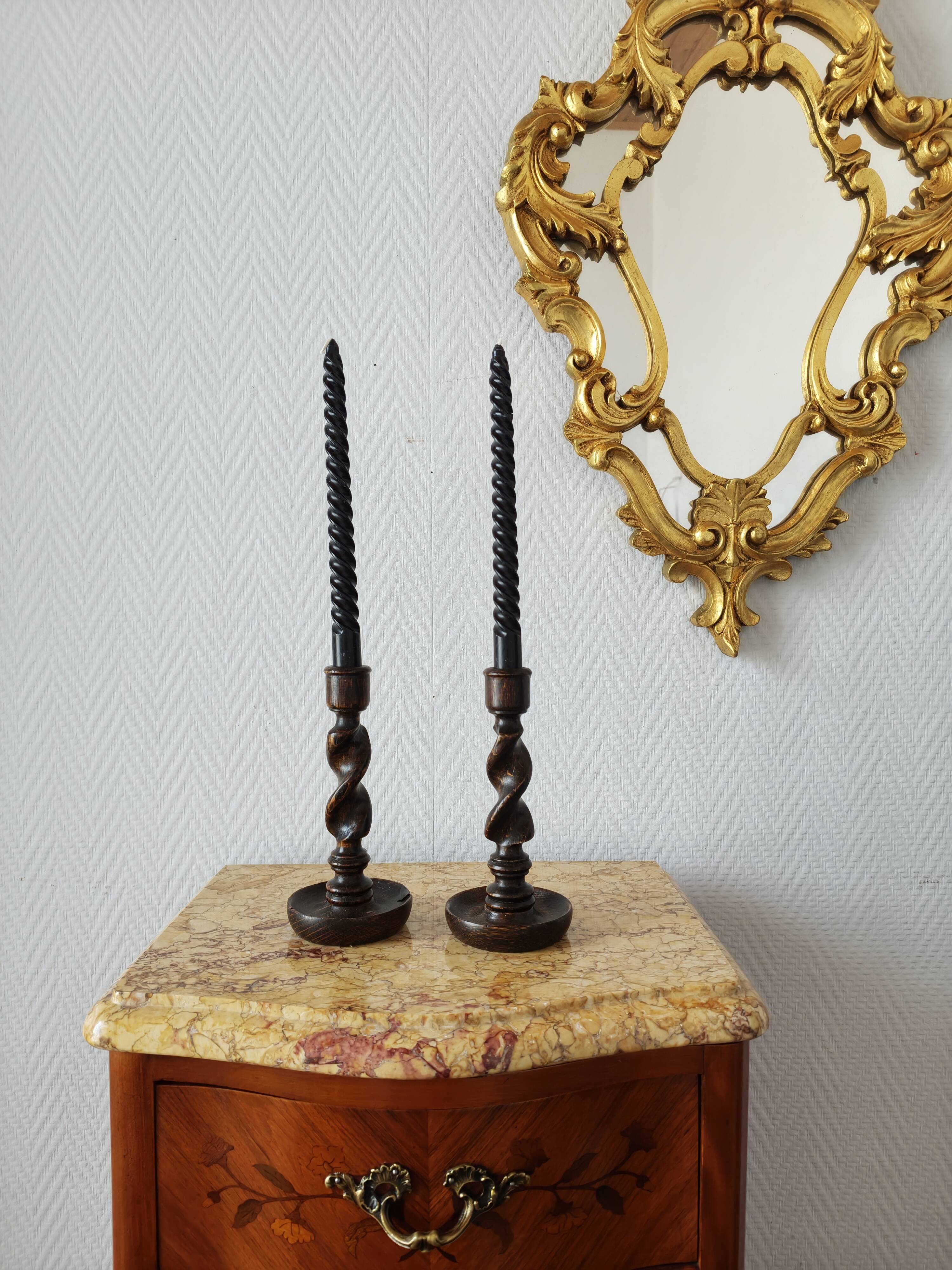 Pair of twisted wood candlesticks (Barley twist)