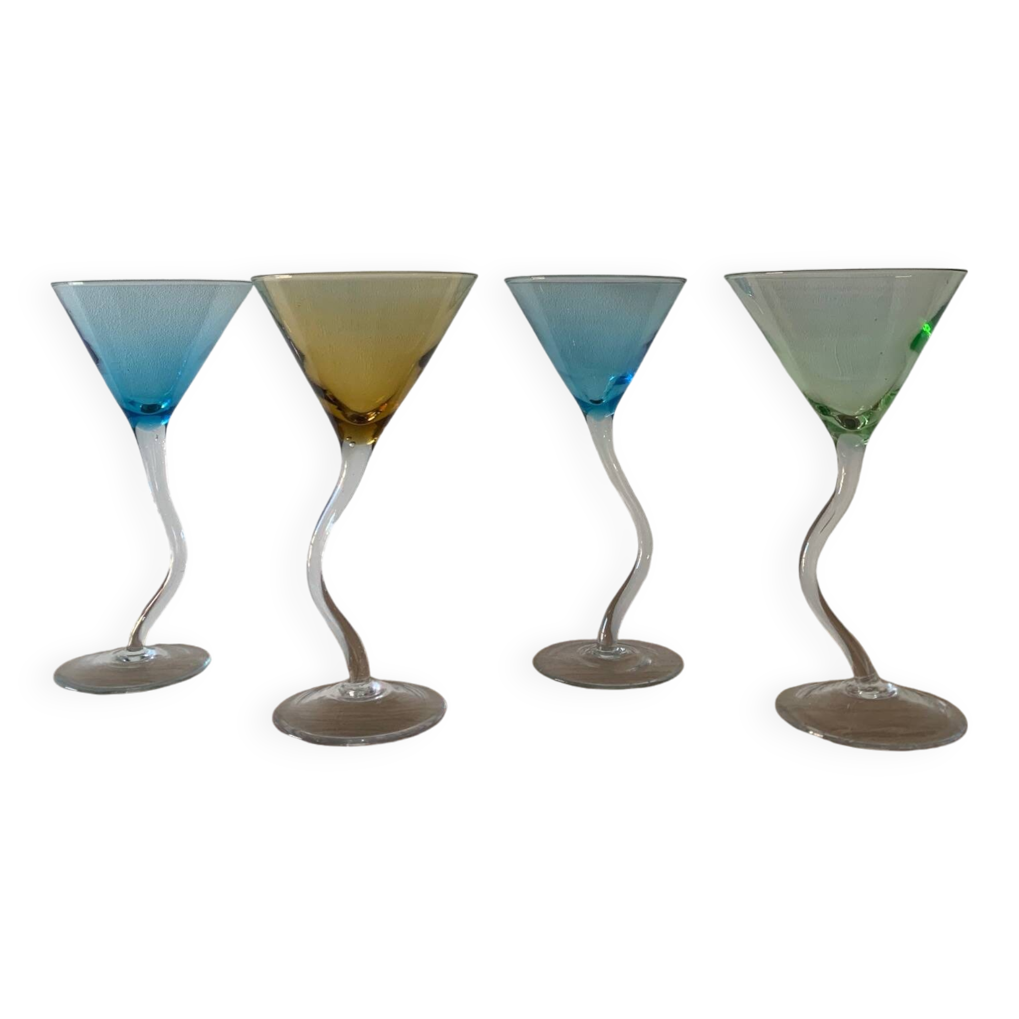 Set of 4 multi-colored dancing cocktail glasses, 1990