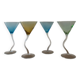 Set of 4 multi-colored dancing cocktail glasses, 1990