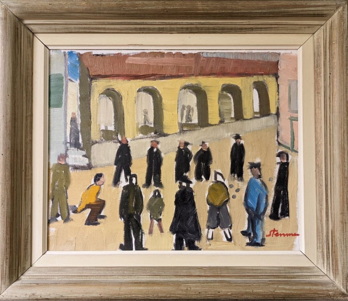 Mid-Century Modern Swedish Oil Painting "A Game of Petanque" Vintage Figurative Street Scene, Framed