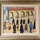 Mid-Century Modern Swedish Oil Painting "A Game of Petanque" Vintage Figurative Street Scene, Framed