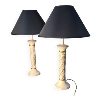 pair of patinated ceramic column bedside lamps, classic 50x30 cm