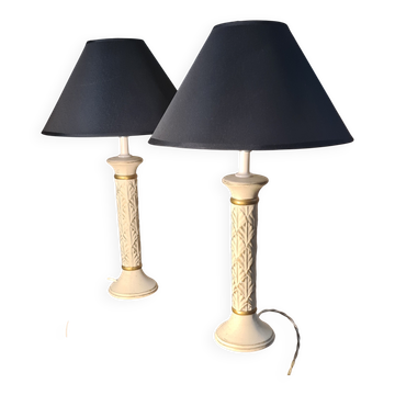 pair of patinated ceramic column bedside lamps, classic 50x30 cm