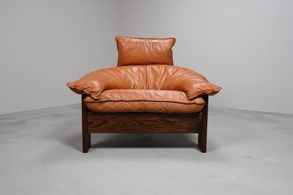 Chaise longue vintage à trois pieds en cuir, rotin et chêne, Pays-Bas