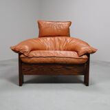 Vintage tripod lounge chair in leather, rattan and oak, Netherlands
