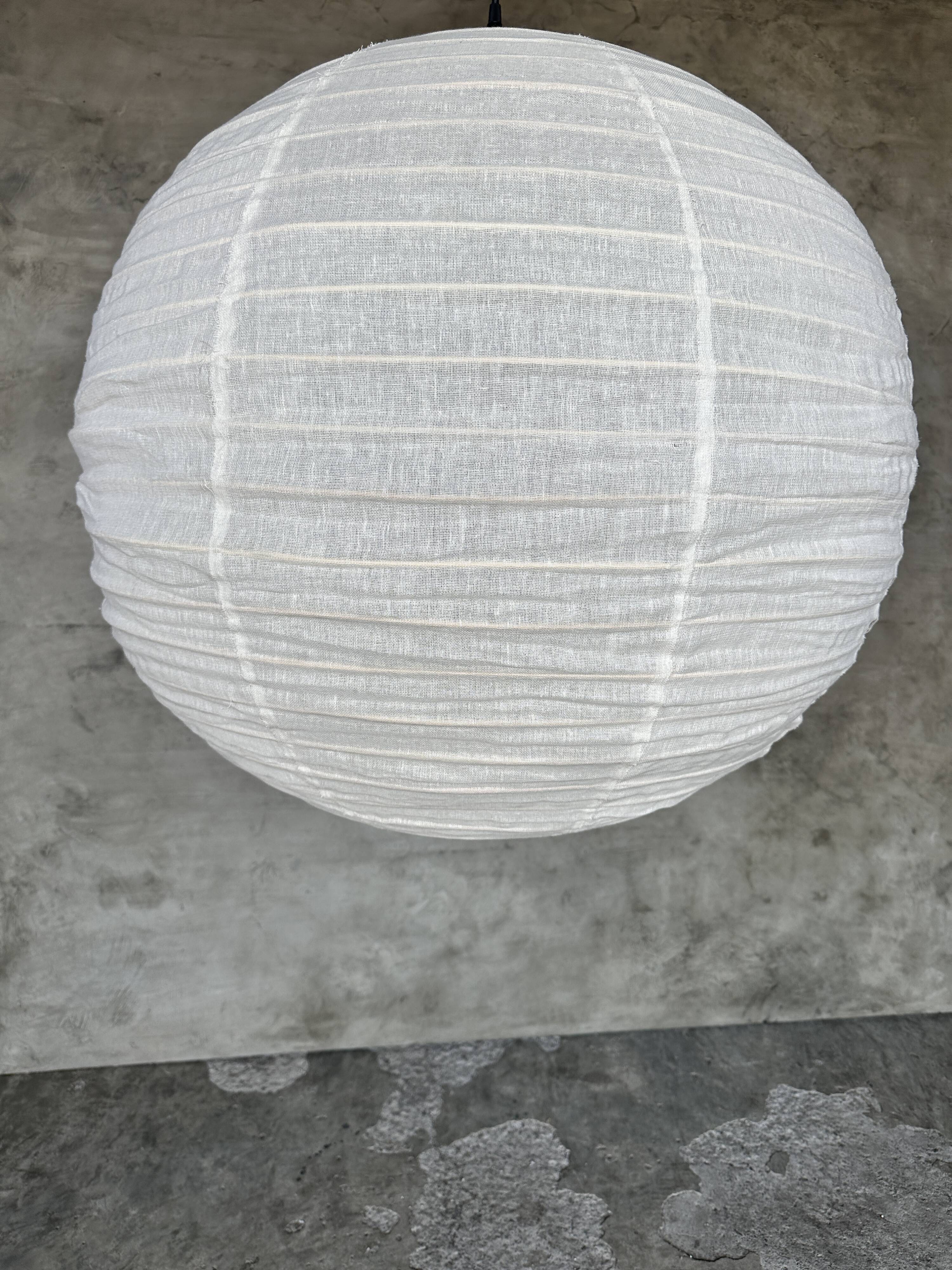 Very large round Japanese-style rattan and natural linen pendant light D:80