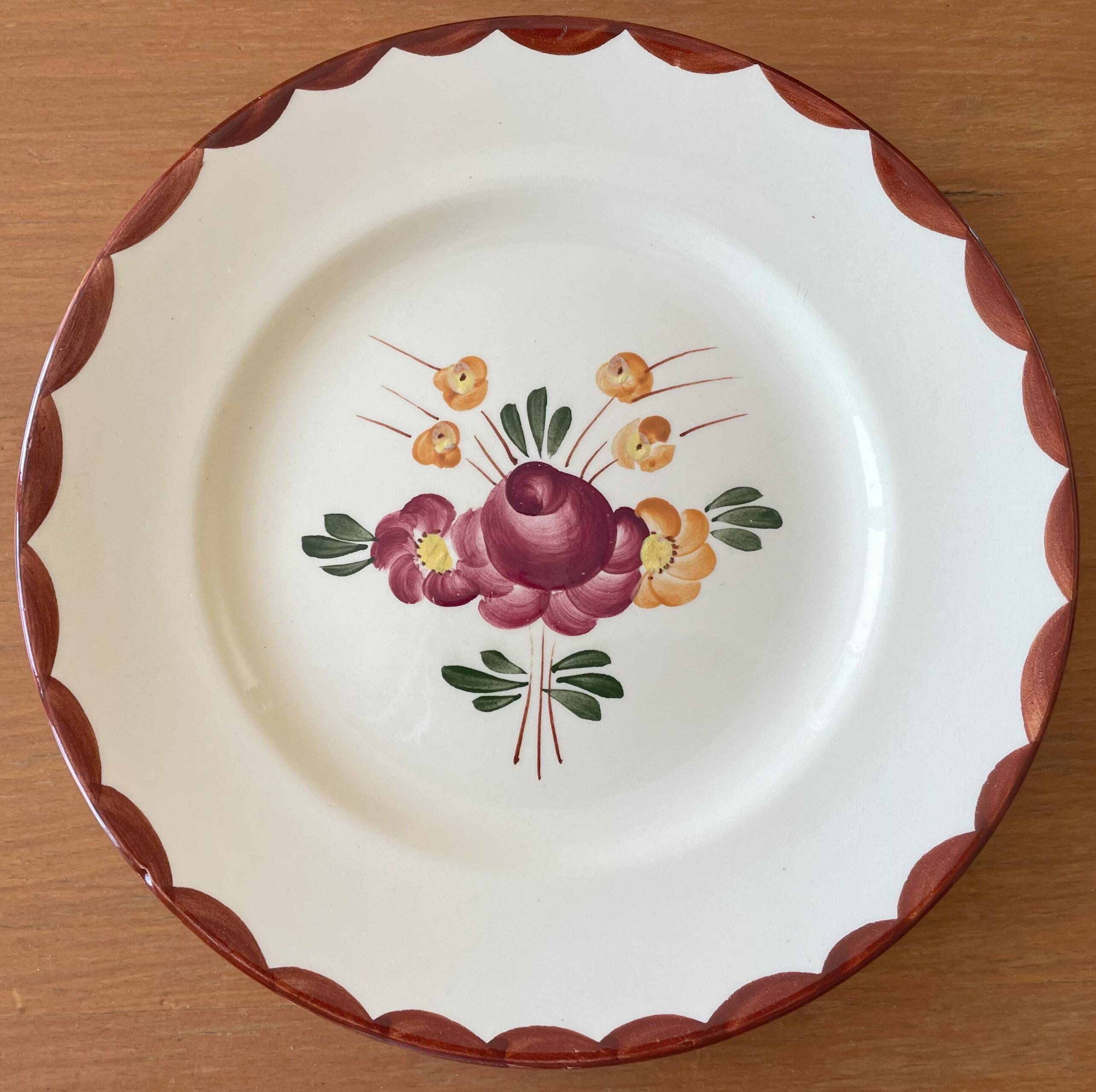 6 antique Longchamp earthenware dessert plates