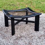 70s design coffee table in black lacquered wood with smoked glass top
