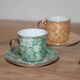 Set of 5 marbled porcelain coffee cups and saucers, hand-painted, with a gold rim.