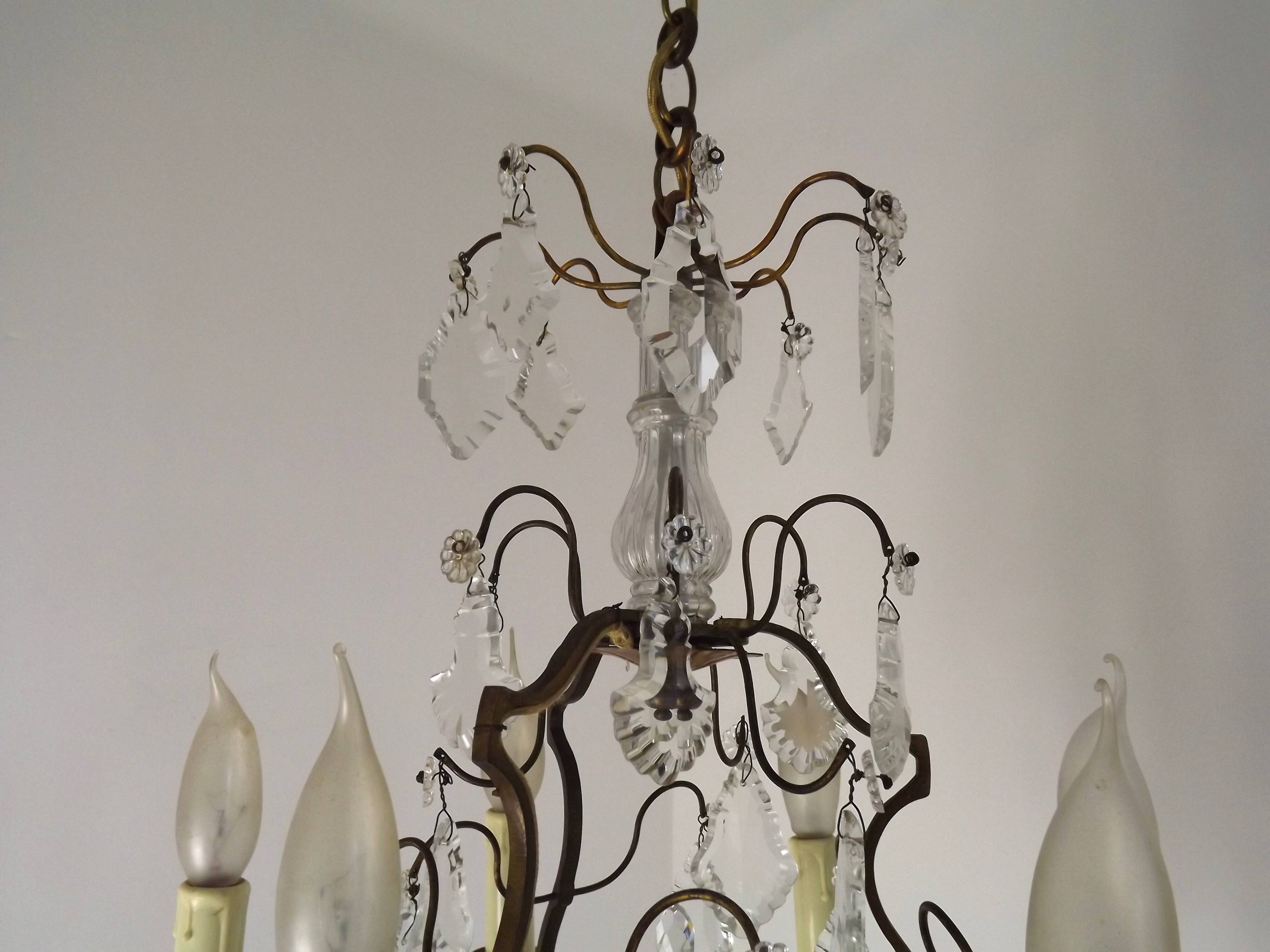 French Bronze and Glass 6 Light Cage Chandelier With Assorted Crystals 5518