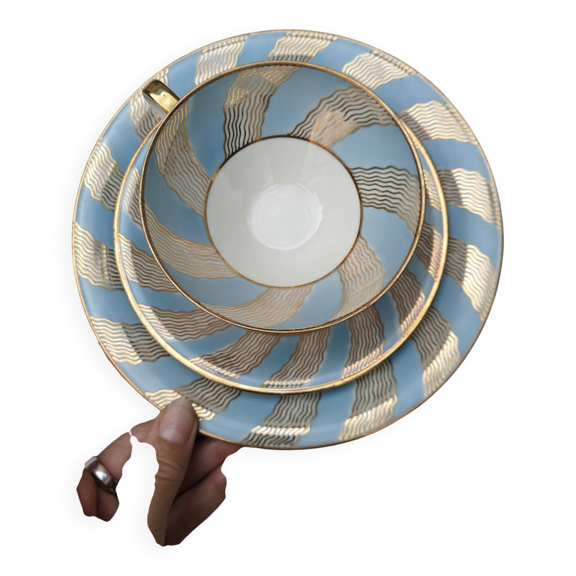 Vintage Bavaria ivory tea/coffee trio, sky blue & gold graphic waves.