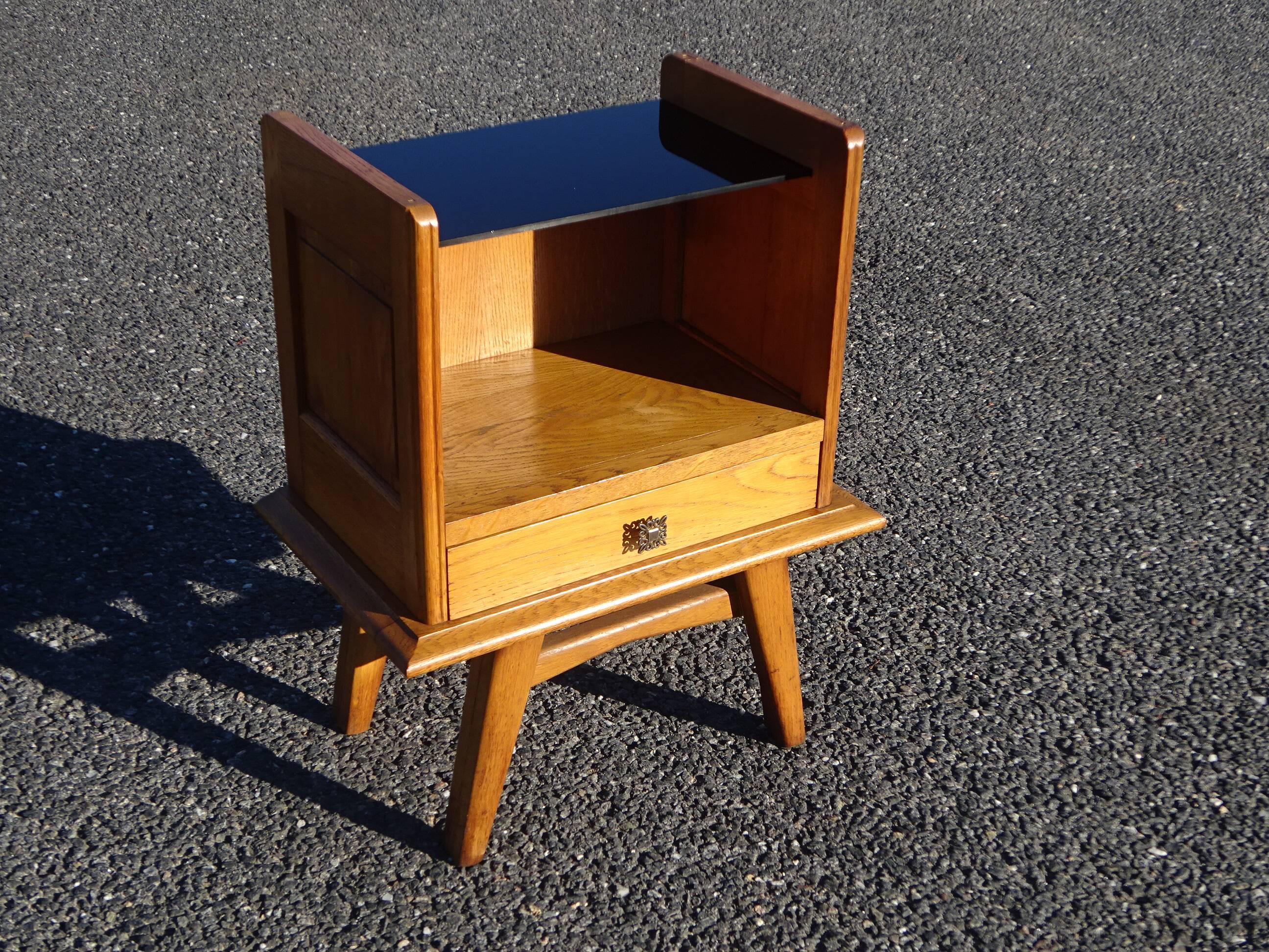 Vintage oak bedside table with splayed legs