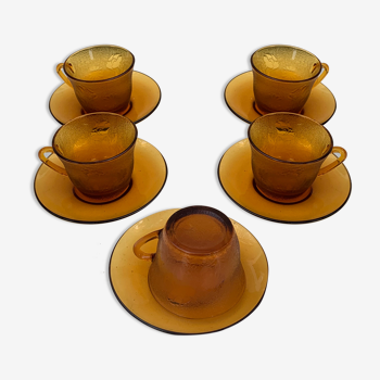 5 cups and saucers in vintage 1970 ochre glass