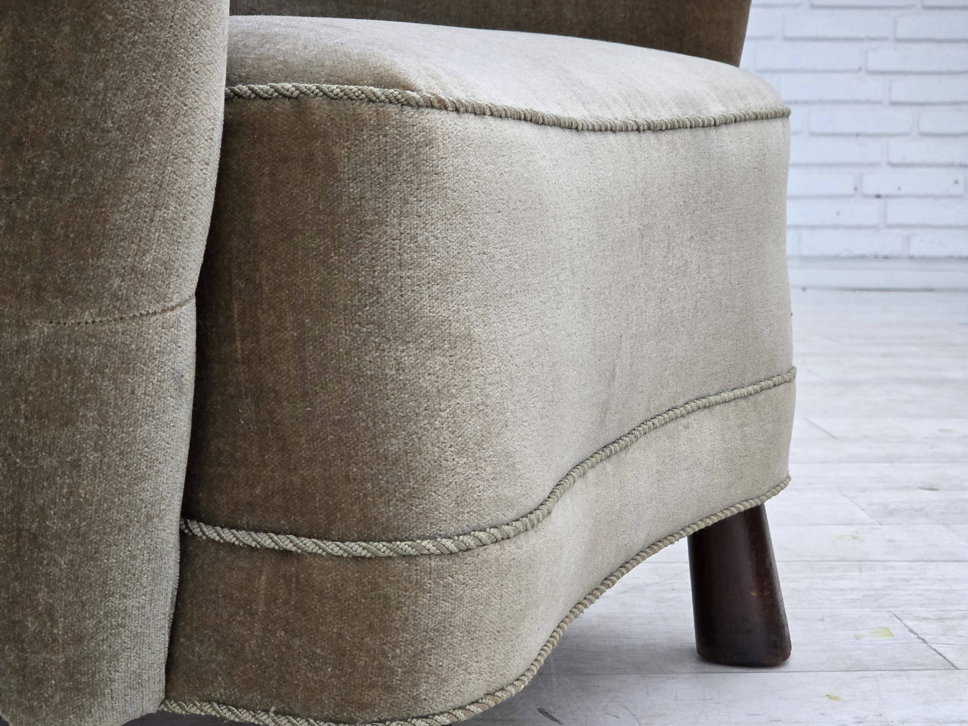 1960s, Danish armchair, green furniture velour, oak wood legs.