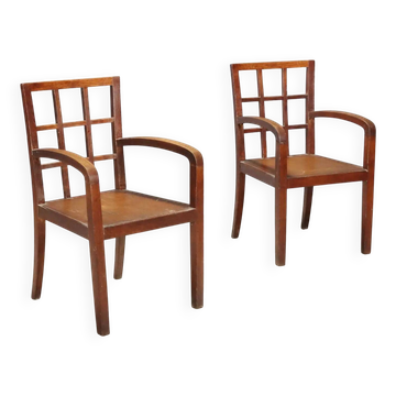 Pair of antique Art Deco armchairs in oak, Italy, 20th century