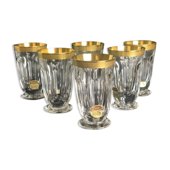 6 glasses for strong alcohol, Moser crystal, decorated with 24 carats gold, collection Lady Hamilton