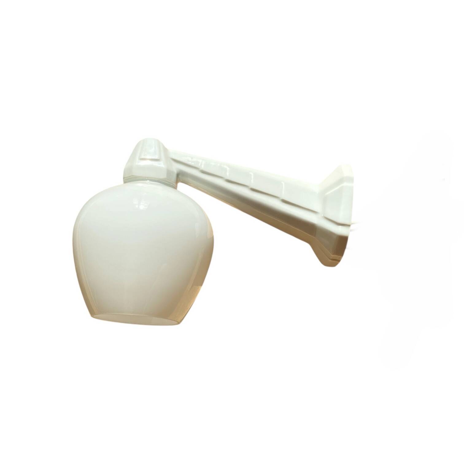 Swan neck wall light in ceramic with an opaline white glass globe.