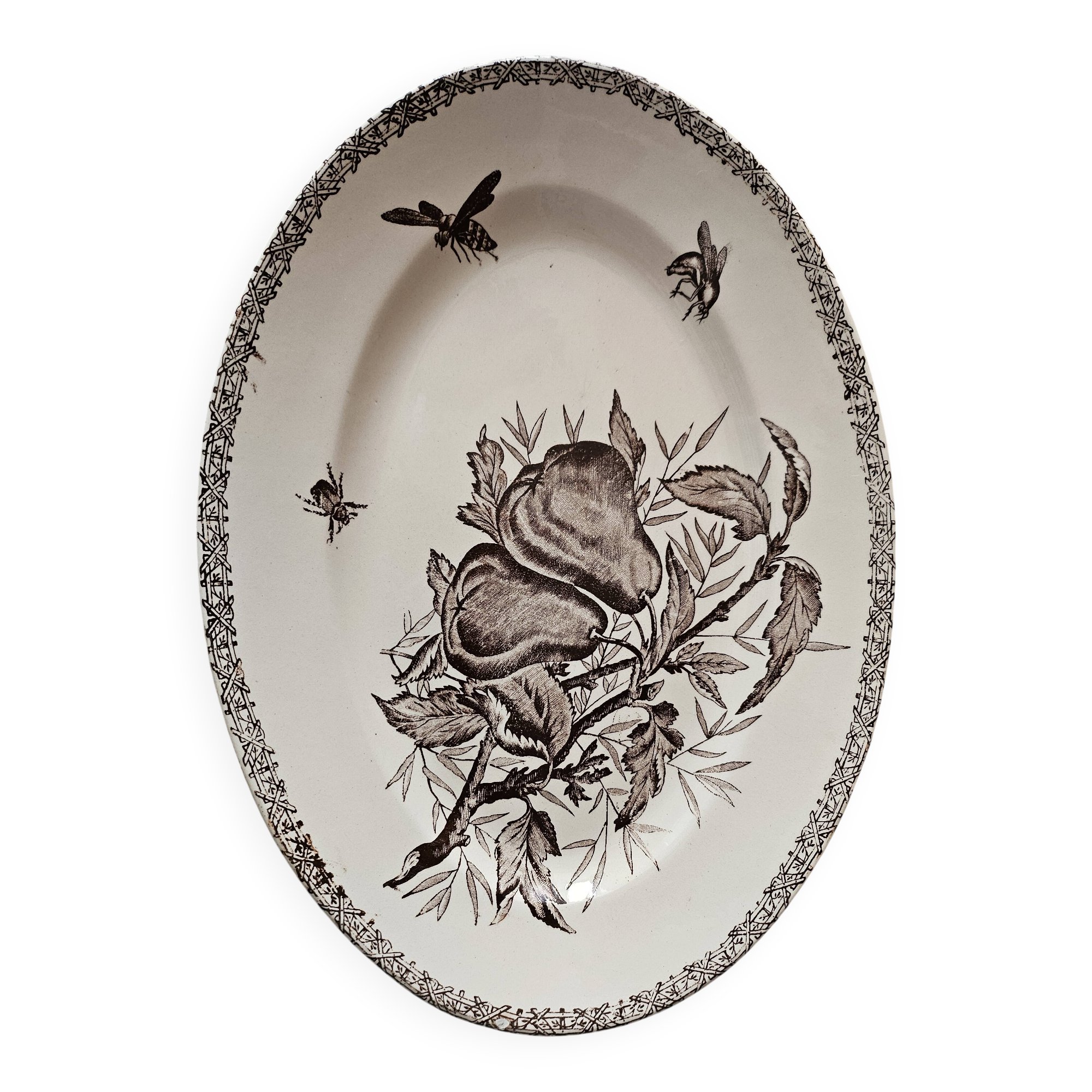 Large antique oval dish Terre de Fer – decoration of apples and insects