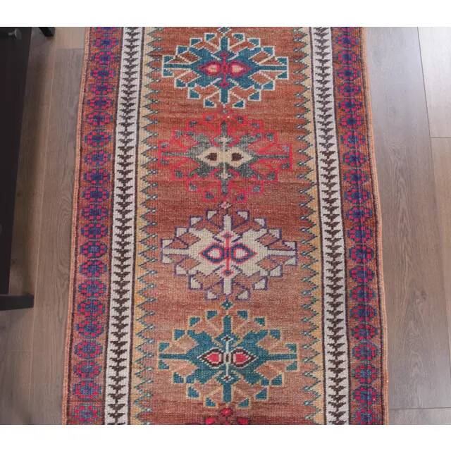 Vintage Turkish Oushak Handmade Wool Cotton Red Runner 87x369