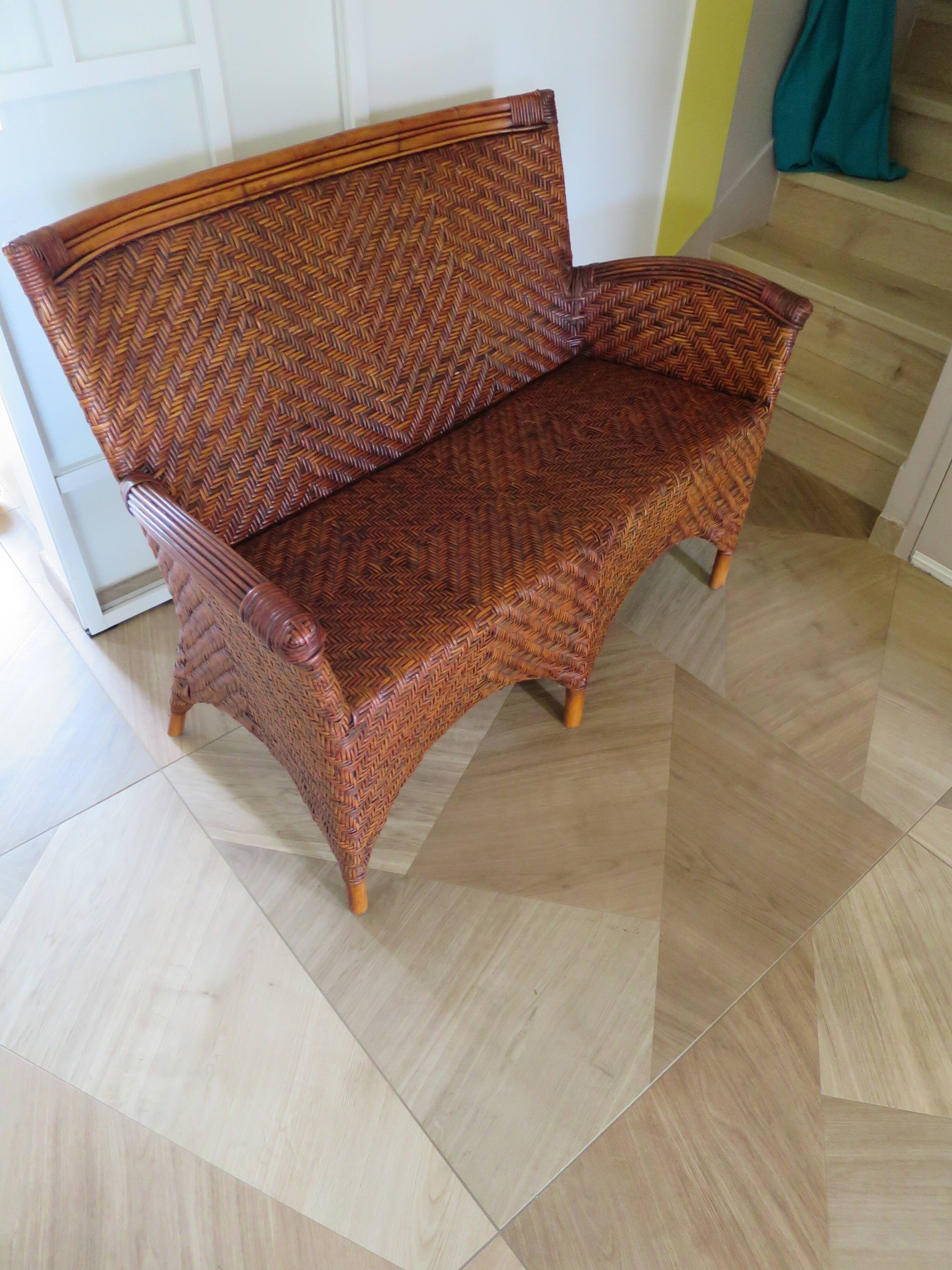 Two-seater banquette in woven rattan, wood and bamboo, 1980s.
