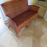 Two-seater banquette in woven rattan, wood and bamboo, 1980s.