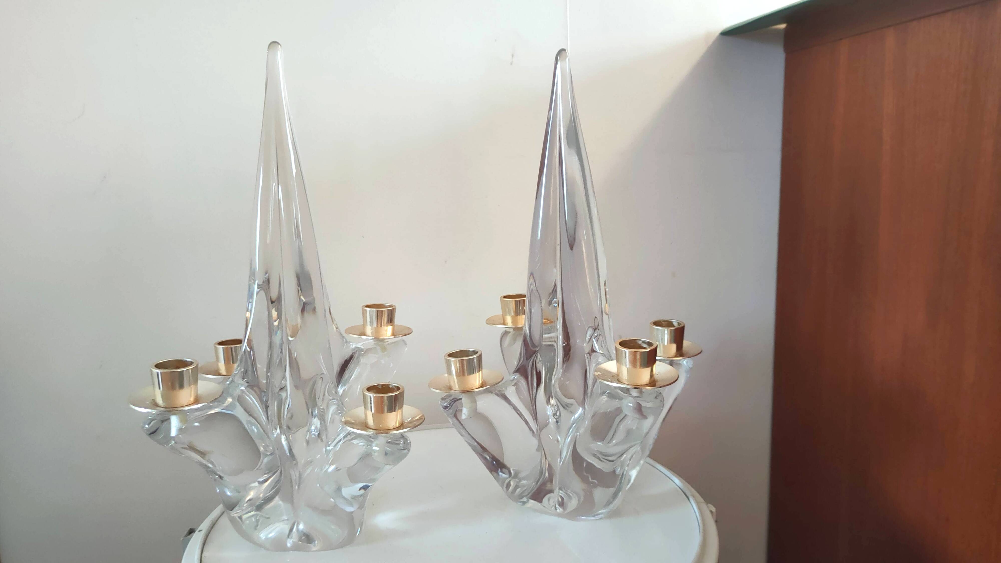 Pair of vintage Schneider crystal and brass candlesticks
