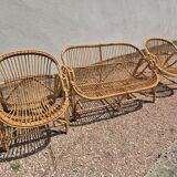 Rattan lounge two armchairs and a vintage bench 1950s