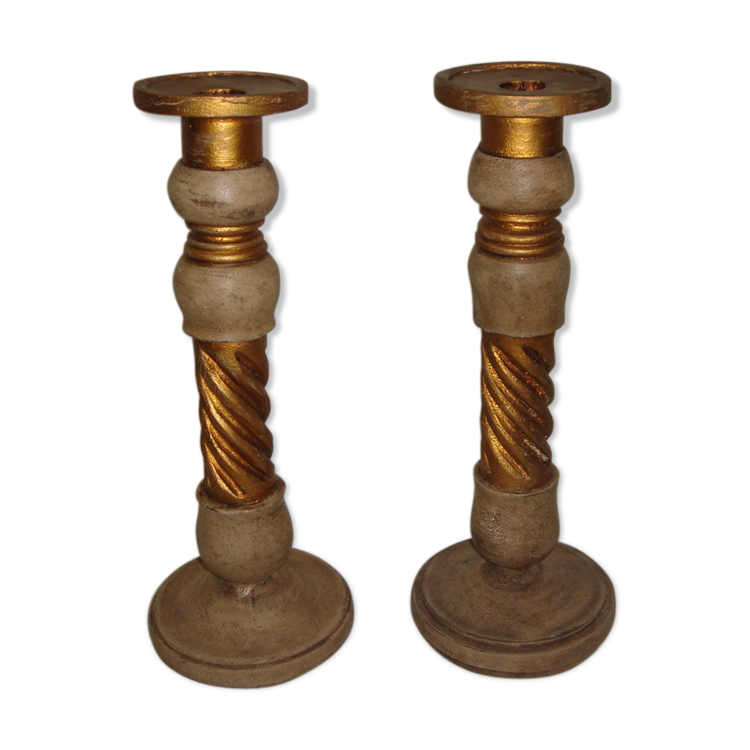 Pair of candlesticks golden wooden & taupe