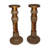 Pair of candlesticks golden wooden & taupe